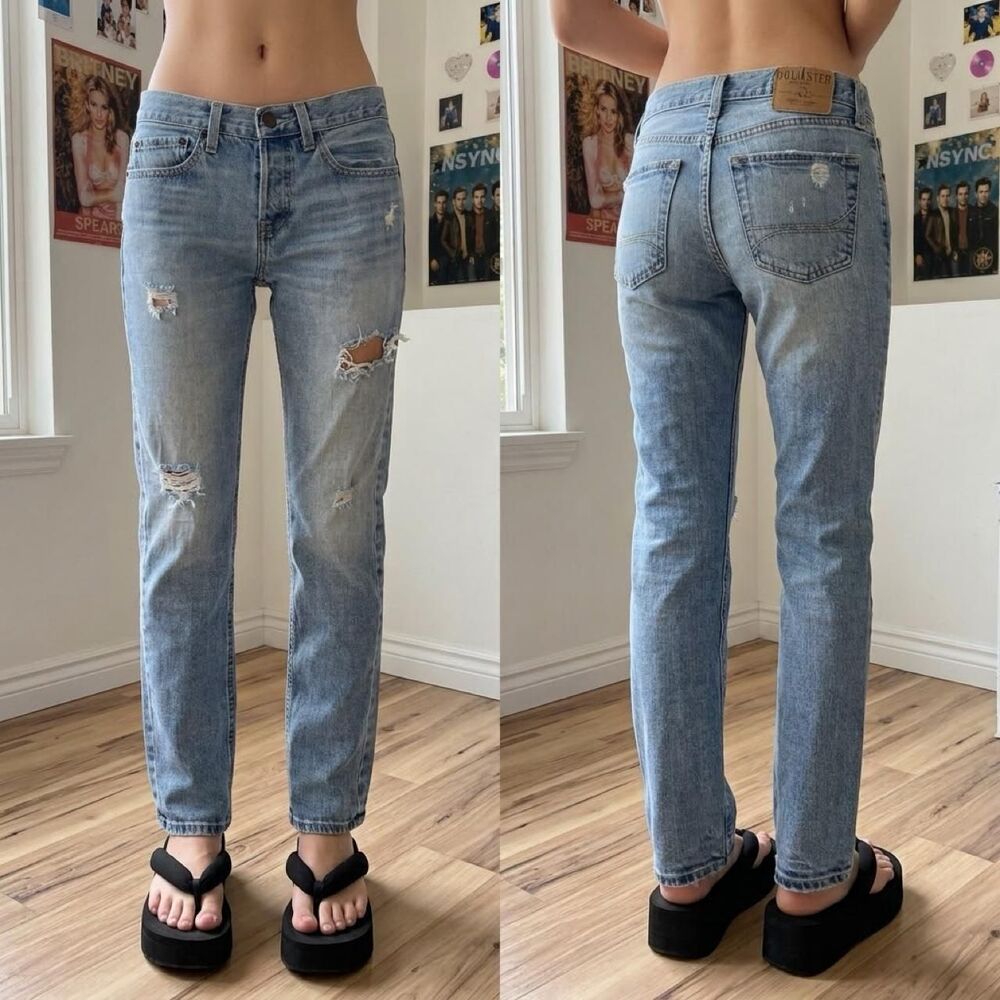 y2k hollister light wash distressed slim straight denim jeans W28 L30 preppy